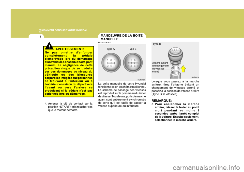 Hyundai Coupe 2008  Manuel du propriétaire (in French) 2COMMENT CONDUIRE VOTRE HYUNDAI
6
Lorsque vous passez à la marche arrière, tirez lattache évitant un changement de vitesses erroné et passez à la position de vitesse arrière(Type B: 6 vitesses)