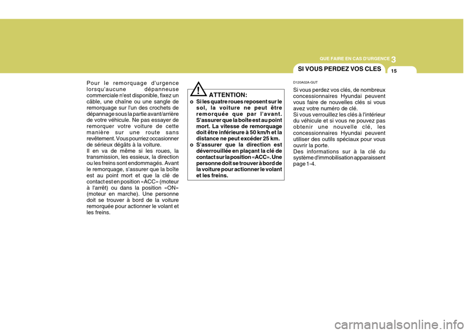 Hyundai Coupe 2008  Manuel du propriétaire (in French) 3
QUE FAIRE EN CAS DURGENCE
15
!
ATTENTION:
o Si les quatre roues reposent sur le sol, la voiture ne peut être remorquée que par lavant. Sassurer que la boîte est au pointmort. La vitesse de rem