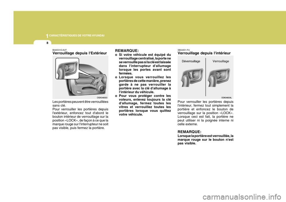 Hyundai Coupe 2008  Manuel du propriétaire (in French) 1CARACTÉRISTIQUES DE VOTRE HYUNDAI
8
B040C01O-AUT Verrouillage depuis lExtérieur Les portières peuvent être verrouillées sans clé. Pour verrouiller les portières depuislextérieur, enfoncez t