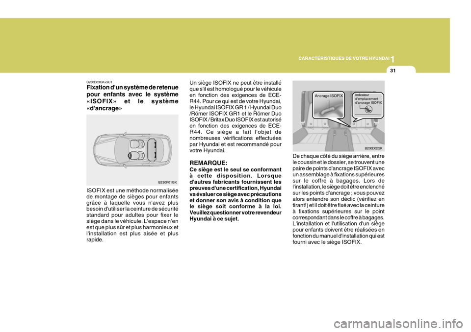 Hyundai Coupe 2008  Manuel du propriétaire (in French) 1
CARACTÉRISTIQUES DE VOTRE HYUNDAI
31
B230D03GK-GUT Fixation dun système de retenue pour enfants avec le système«ISOFIX» et le système«dancrage»
ISOFIX est une méthode normalisée de monta