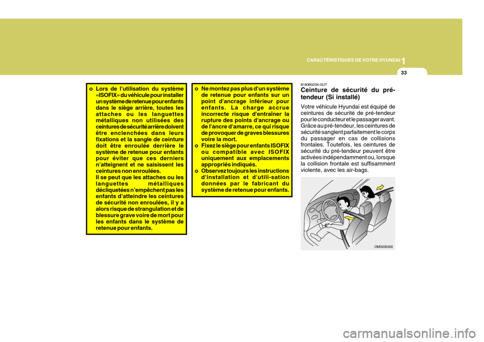 Hyundai Coupe 2008  Manuel du propriétaire (in French) 1
CARACTÉRISTIQUES DE VOTRE HYUNDAI
33
o Lors de l’utilisation du système
«ISOFIX» du véhicule pour installer un système de retenue pour enfants dans le siège arrière, toutes lesattaches ou 