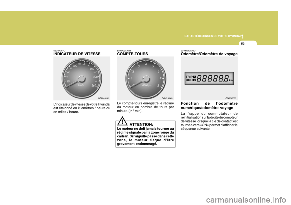 Hyundai Coupe 2008  Manuel du propriétaire (in French) 1
CARACTÉRISTIQUES DE VOTRE HYUNDAI
53
B310B01GK-GUT Odomètre/Odomètre de voyage Fonction de lodomètre numérique/odomètre voyage La frappe du commutateur de réinitialisation sur la droite du c