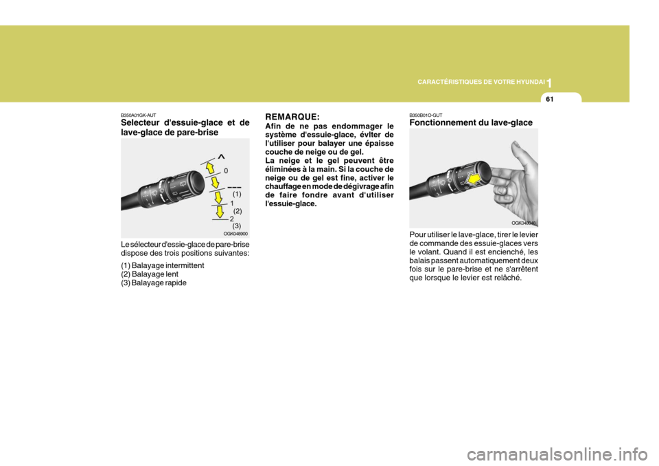 Hyundai Coupe 2008  Manuel du propriétaire (in French) 1
CARACTÉRISTIQUES DE VOTRE HYUNDAI
61
B350A01GK-AUT Selecteur dessuie-glace et de lave-glace de pare-brise Le sélecteur dessie-glace de pare-brise dispose des trois positions suivantes: (1) Balay