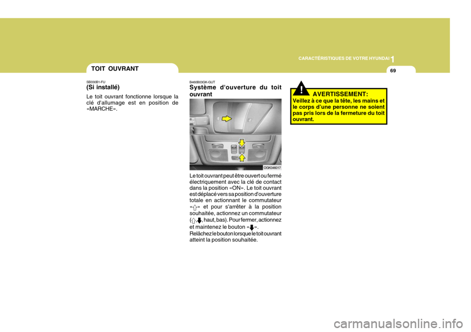 Hyundai Coupe 2008  Manuel du propriétaire (in French) 1
CARACTÉRISTIQUES DE VOTRE HYUNDAI
69TOIT OUVRANT
SB330B1-FU (Si installé) Le toit ouvrant fonctionne lorsque la clé dallumage est en position de «MARCHE».
B460B03GK-GUT Système douverture du