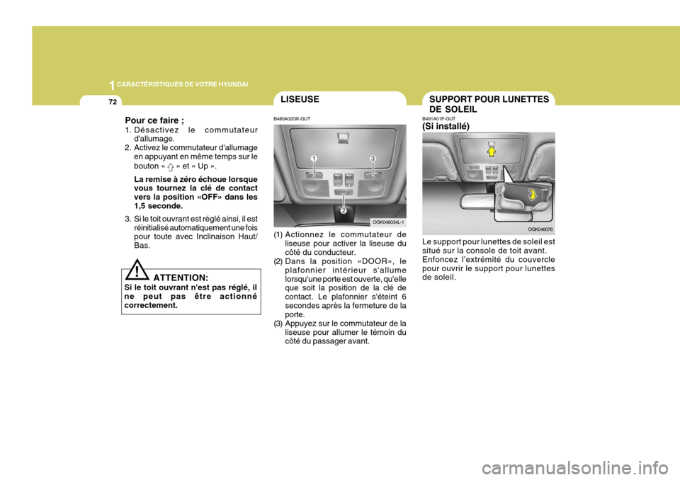 Hyundai Coupe 2008  Manuel du propriétaire (in French) 1CARACTÉRISTIQUES DE VOTRE HYUNDAI
72LISEUSE
B480A02GK-GUT 
(1) Actionnez le commutateur de liseuse pour activer la liseuse du côté du conducteur.
(2) Dans la position «DOOR», le
plafonnier inté