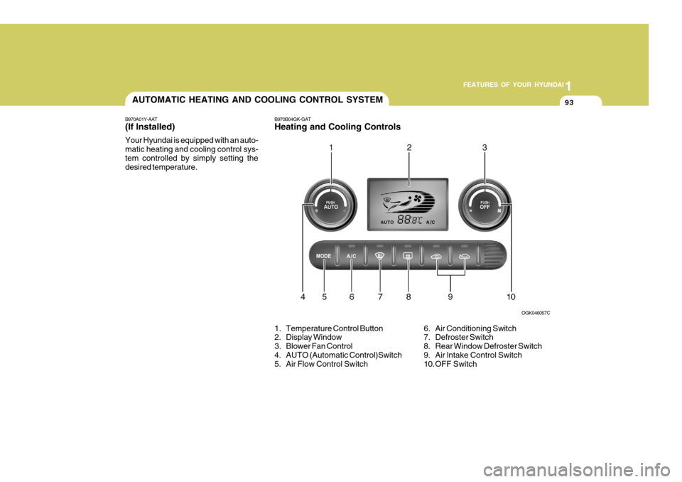 Hyundai Coupe 2007  Owners Manual 1
FEATURES OF YOUR HYUNDAI
93AUTOMATIC HEATING AND COOLING CONTROL SYSTEM
B970A01Y-AAT (If lnstalled) Your Hyundai is equipped with an auto- matic heating and cooling control sys-tem controlled by sim