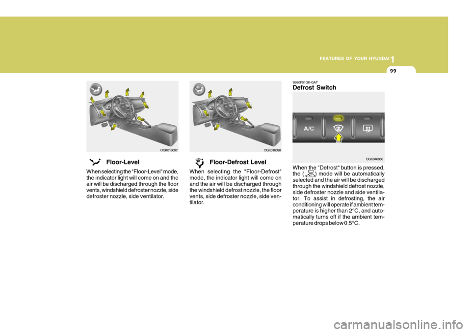 Hyundai Coupe 2007  Owners Manual 1
FEATURES OF YOUR HYUNDAI
99
B980F01GK-GAT Defrost Switch When the "Defrost" button is pressed, the (      ) mode will be automatically selected and the air will be dischargedthrough the windshield d