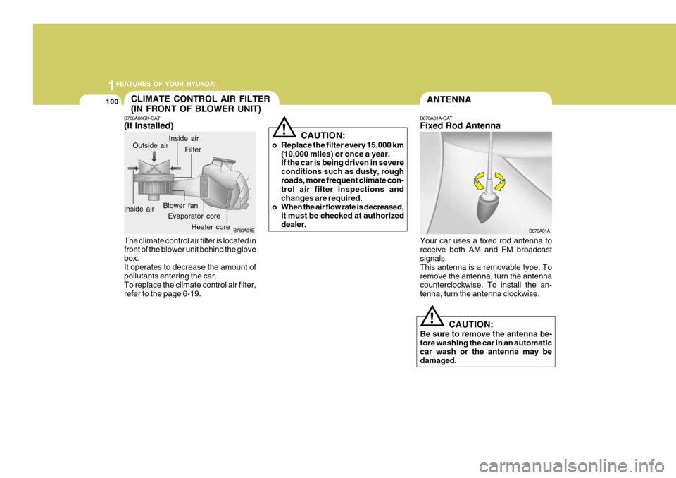 Hyundai Coupe 2007  Owners Manual 1FEATURES OF YOUR HYUNDAI
100CLIMATE CONTROL AIR FILTER (IN FRONT OF BLOWER UNIT)
B760A06GK-GAT (If Installed)
B760A01E
Evaporator core Filter
Heater core
Outside air
Inside air Inside air
Blower fan
