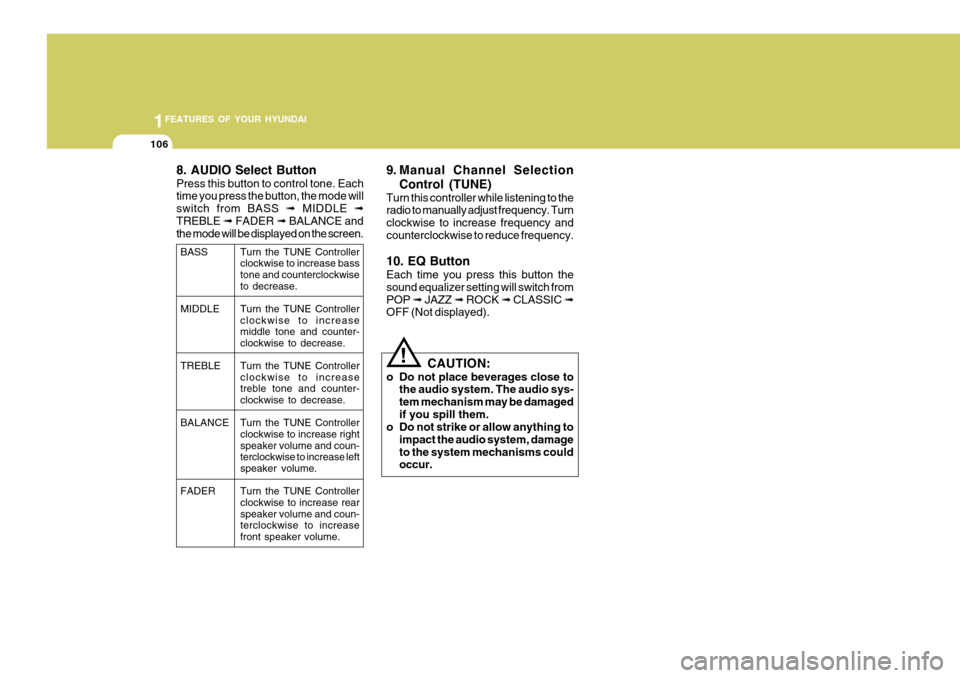Hyundai Coupe 2007  Owners Manual 1FEATURES OF YOUR HYUNDAI
106
!
8. AUDIO Select Button Press this button to control tone. Each time you press the button, the mode will switch from BASS 
➟ MIDDLE  ➟
TREBLE  ➟ FADER  ➟ BALANCE
