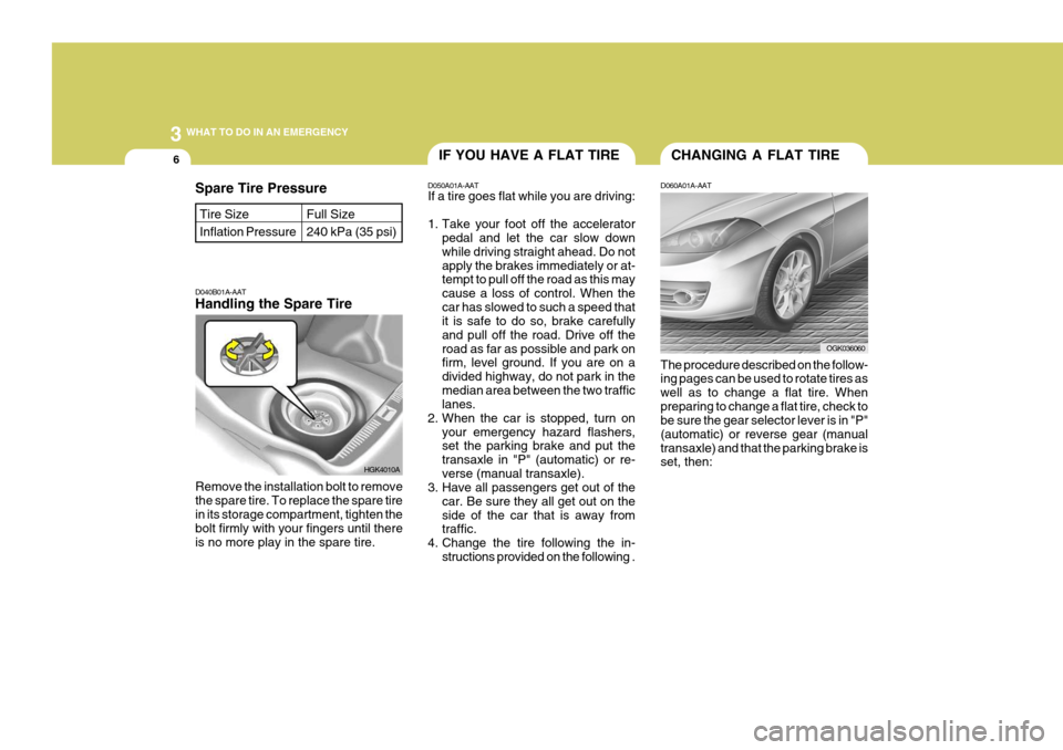 Hyundai Coupe 2007  Owners Manual 3 WHAT TO DO IN AN EMERGENCY
6
D040B01A-AAT Handling the Spare Tire Remove the installation bolt to remove the spare tire. To replace the spare tire in its storage compartment, tighten the bolt firmly