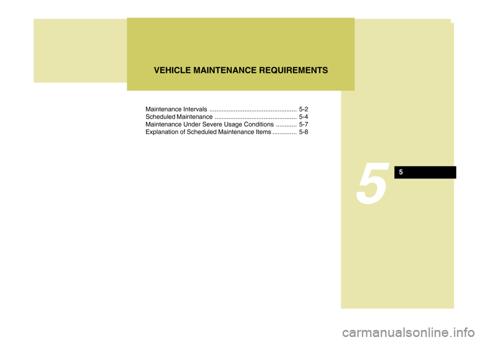 Hyundai Coupe 2007  Owners Manual Maintenance Intervals .................................................. 5-2 
Scheduled Maintenance ............................................... 5-4
Maintenance Under Severe Usage Conditions ......