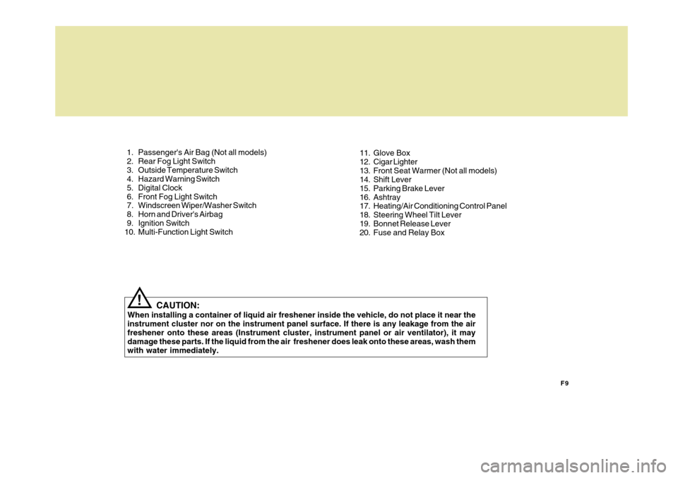 Hyundai Coupe 2007  Owners Manual F9
CAUTION:
When installing a container of liquid air freshener inside the vehicle, do not place it near the instrument cluster nor on the instrument panel surface. If there is any leakage from the ai