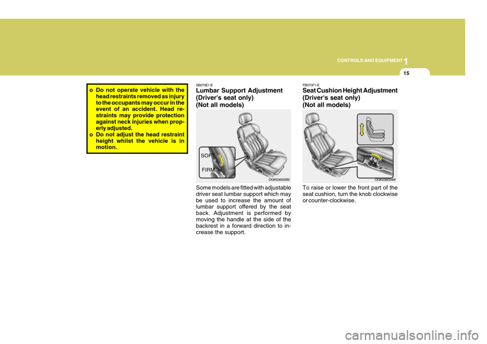 Hyundai Coupe 2007 Owners Manual 1
CONTROLS AND EQUIPMENT
15
SB070E1-E Lumbar Support Adjustment (Drivers seat only)(Not all models) Some models are fitted with adjustable driver seat lumbar support which maybe used to increase the Hyundai Coupe 2007 Owners Manual 1
CONTROLS AND EQUIPMENT
15
SB070E1-E Lumbar Support Adjustment (Drivers seat only)(Not all models) Some models are fitted with adjustable driver seat lumbar support which maybe used to increase the