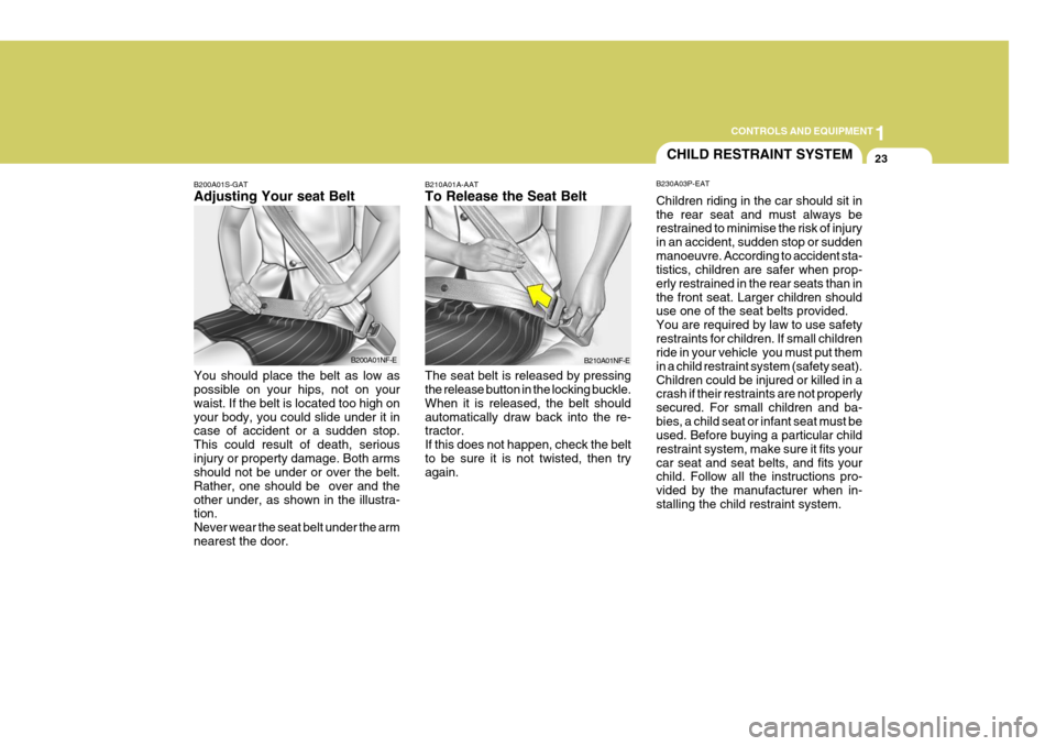 Hyundai Coupe 2007 Owners Manual 1
CONTROLS AND EQUIPMENT
23
B210A01A-AAT To Release the Seat Belt The seat belt is released by pressing the release button in the locking buckle. When it is released, the belt shouldautomatically draw Hyundai Coupe 2007 Owners Manual 1
CONTROLS AND EQUIPMENT
23
B210A01A-AAT To Release the Seat Belt The seat belt is released by pressing the release button in the locking buckle. When it is released, the belt shouldautomatically draw