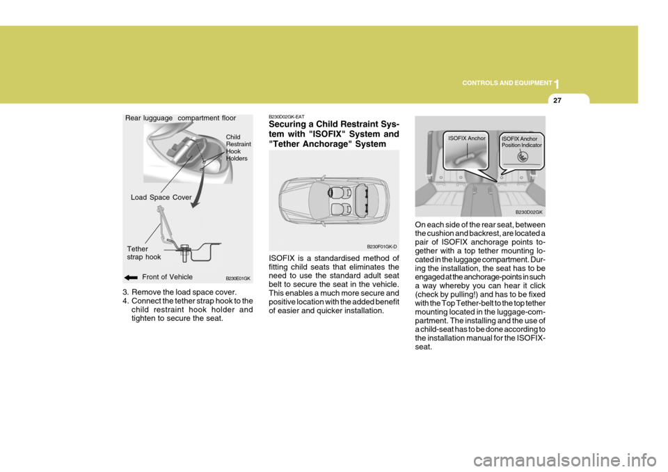 Hyundai Coupe 2007  Owners Manual 1
CONTROLS AND EQUIPMENT
27
B230D02GK
ISOFIX Anchor
ISOFIX Anchor Position Indicator
3. Remove the load space cover. 
4. Connect the tether strap hook to the
child restraint hook holder and tighten to