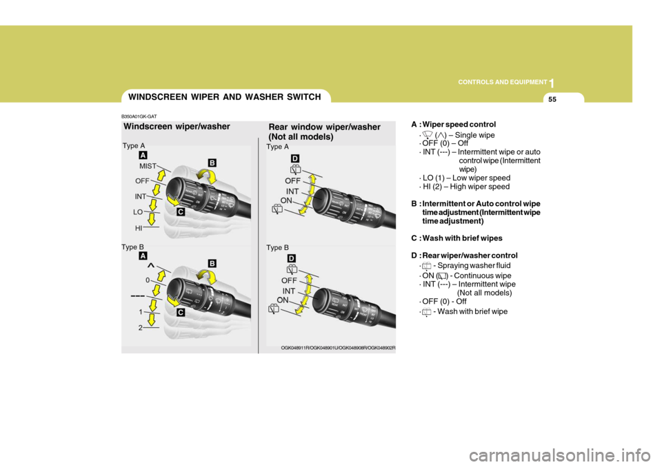 Hyundai Coupe 2007 Owners Manual 1
CONTROLS AND EQUIPMENT
55WINDSCREEN WIPER AND WASHER SWITCH
Rear window wiper/washer (Not all models) A : Wiper speed control
·
() – Single wipe
· OFF (0) – Off · INT (---) – Intermittent Hyundai Coupe 2007 Owners Manual 1
CONTROLS AND EQUIPMENT
55WINDSCREEN WIPER AND WASHER SWITCH
Rear window wiper/washer (Not all models) A : Wiper speed control
·
() – Single wipe
· OFF (0) – Off · INT (---) – Intermittent