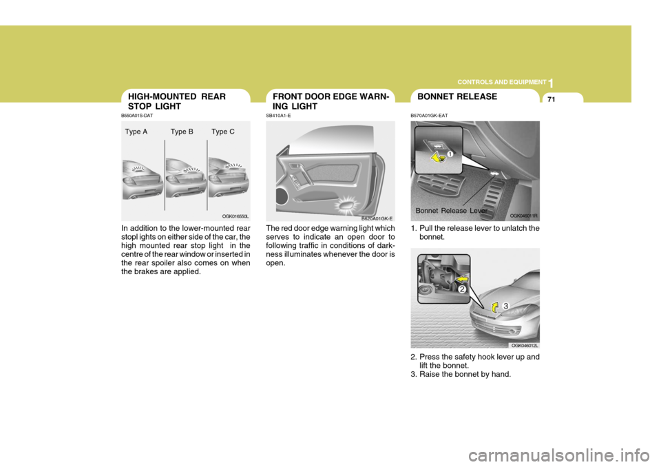 Hyundai Coupe 2007  Owners Manual 1
CONTROLS AND EQUIPMENT
71HIGH-MOUNTED REAR STOP LIGHTFRONT DOOR EDGE WARN- ING LIGHT
SB410A1-E The red door edge warning light which serves to indicate an open door tofollowing traffic in conditions