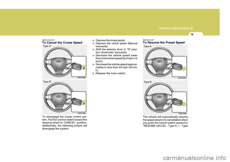 Hyundai Coupe 2007 Owners Manual 1
CONTROLS AND EQUIPMENT
79
B660C01GK-EAT To Cancel the Cruise Speed o Depress the brake pedal.
o Depress the clutch pedal (Manual
transaxle).
o Shift the selector lever in "N" posi-
tion (Automatic Hyundai Coupe 2007 Owners Manual 1
CONTROLS AND EQUIPMENT
79
B660C01GK-EAT To Cancel the Cruise Speed o Depress the brake pedal.
o Depress the clutch pedal (Manual
transaxle).
o Shift the selector lever in "N" posi-
tion (Automatic