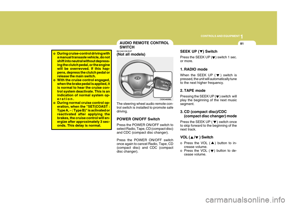 Hyundai Coupe 2007  Owners Manual 1
CONTROLS AND EQUIPMENT
81AUDIO REMOTE CONTROL SWITCH
o During cruise-control driving with a manual transaxle vehicle, do not shift into neutral without depress- ing the clutch pedal, or the engine w