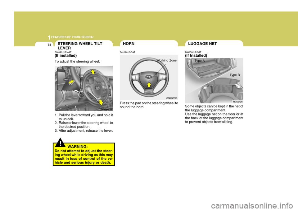 Hyundai Coupe 2007  Owners Manual 1FEATURES OF YOUR HYUNDAI
78LUGGAGE NET
B540D02HP-GAT (If Installed) Type A
Some objects can be kept in the net of the luggage compartment. Use the luggage net on the floor or atthe back of the luggag