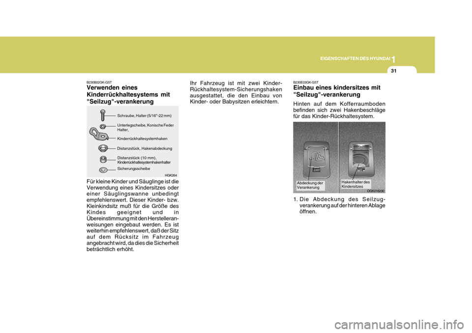 Hyundai Coupe 2007  Betriebsanleitung (in German) 1
EIGENSCHAFTEN DES HYUNDAI
31
Hakenhalter des Kindersitzes
B230E03GK-GST Einbau eines kindersitzes mit "Seilzug"-verankerung Hinten auf dem Kofferraumboden befinden sich zwei Hakenbeschlägefür das 