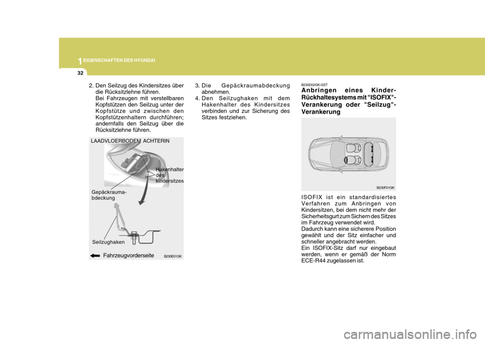 Hyundai Coupe 2007  Betriebsanleitung (in German) 1EIGENSCHAFTEN DES HYUNDAI
32
B230D02GK-GST Anbringen eines Kinder- Rückhaltesystems mit "ISOFIX"-Verankerung oder "Seilzug"-Verankerung ISOFIX ist ein standardisiertes Verfahren zum Anbringen von Ki