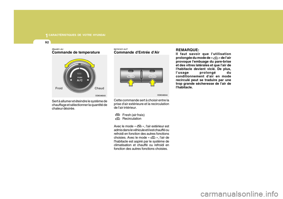 Hyundai Coupe 2007  Manuel du propriétaire (in French) 1CARACTÉRISTIQUES DE VOTRE HYUNDAI
92
B670C02Y-AUT Commande dEntrée dAir
OGK046044ZB440E1-AU Commande de temperature Sert à allumer et éteindre le système de chauffage et sélectionner la quant