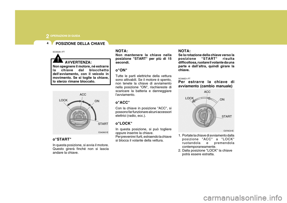 Hyundai Coupe 2007 Manuale del proprietario (in Italian) 2 OPERAZIONI DI GUIDA
4
!
NOTA: Non mantenere la chiave nella posizione "START" per più di 15 secondi. o"ON" Tutte le parti elettriche della vettura sono attivabili. Se il motore è spento, non tenet Hyundai Coupe 2007 Manuale del proprietario (in Italian) 2 OPERAZIONI DI GUIDA
4
!
NOTA: Non mantenere la chiave nella posizione "START" per più di 15 secondi. o"ON" Tutte le parti elettriche della vettura sono attivabili. Se il motore è spento, non tenet