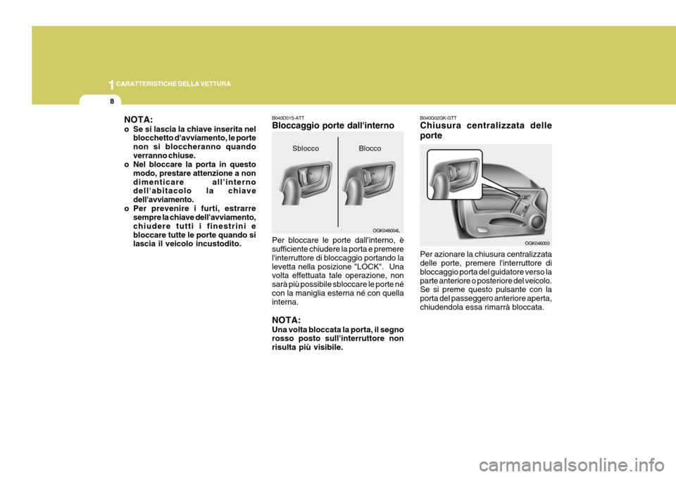 Hyundai Coupe 2007 Manuale del proprietario (in Italian) 1CARATTERISTICHE DELLA VETTURA
8
B040G02GK-GTT Chiusura centralizzata delle porte Per azionare la chiusura centralizzata delle porte, premere linterruttore di bloccaggio porta del guidatore verso lap Hyundai Coupe 2007 Manuale del proprietario (in Italian) 1CARATTERISTICHE DELLA VETTURA
8
B040G02GK-GTT Chiusura centralizzata delle porte Per azionare la chiusura centralizzata delle porte, premere linterruttore di bloccaggio porta del guidatore verso lap