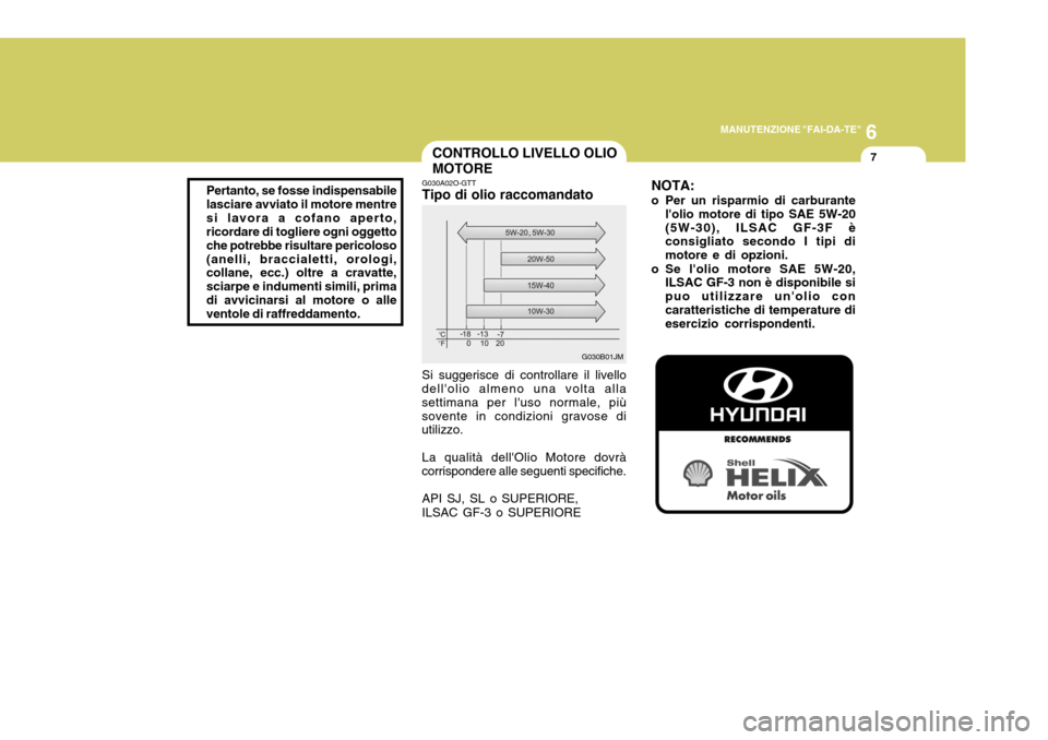 Hyundai Coupe 2007 Manuale del proprietario (in Italian) 6
MANUTENZIONE "FAI-DA-TE"
7CONTROLLO LIVELLO OLIO MOTORE
G030A02O-GTT Tipo di olio raccomandato Si suggerisce di controllare il livello
dellolio almeno una volta alla settimana per luso normale, pi Hyundai Coupe 2007 Manuale del proprietario (in Italian) 6
MANUTENZIONE "FAI-DA-TE"
7CONTROLLO LIVELLO OLIO MOTORE
G030A02O-GTT Tipo di olio raccomandato Si suggerisce di controllare il livello
dellolio almeno una volta alla settimana per luso normale, pi