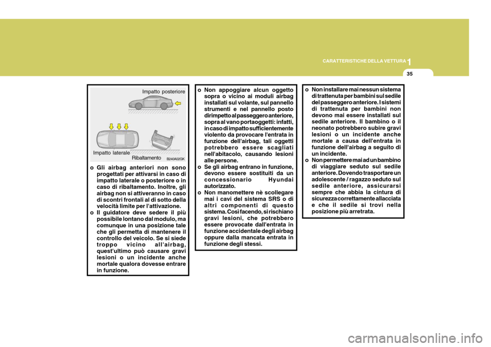 Hyundai Coupe 2007 Manuale del proprietario (in Italian) 1
CARATTERISTICHE DELLA VETTURA
35
o Non installare mai nessun sistema
di trattenuta per bambini sul sedile del passeggero anteriore. I sistemi di trattenuta per bambini nondevono mai essere installat Hyundai Coupe 2007 Manuale del proprietario (in Italian) 1
CARATTERISTICHE DELLA VETTURA
35
o Non installare mai nessun sistema
di trattenuta per bambini sul sedile del passeggero anteriore. I sistemi di trattenuta per bambini nondevono mai essere installat