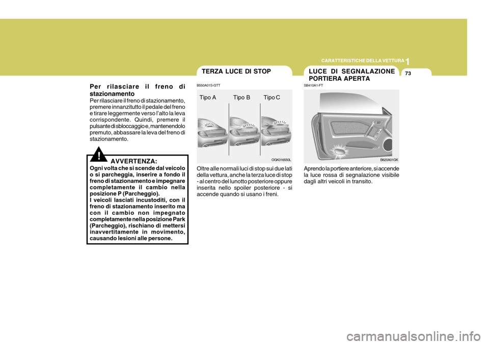 Hyundai Coupe 2007 Manuale del proprietario (in Italian) 1
CARATTERISTICHE DELLA VETTURA
73
!
LUCE DI SEGNALAZIONE PORTIERA APERTA
SB410A1-FT Aprendo la portiere anteriore, si accende la luce rossa di segnalazione visibiledagli altri veicoli in transito.
B6 Hyundai Coupe 2007 Manuale del proprietario (in Italian) 1
CARATTERISTICHE DELLA VETTURA
73
!
LUCE DI SEGNALAZIONE PORTIERA APERTA
SB410A1-FT Aprendo la portiere anteriore, si accende la luce rossa di segnalazione visibiledagli altri veicoli in transito.
B6