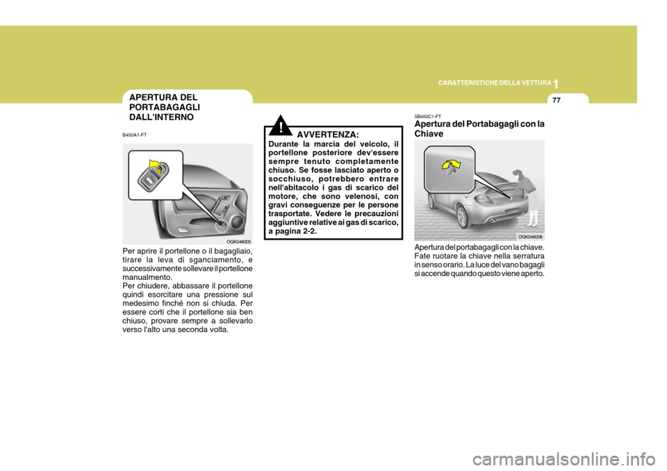 Hyundai Coupe 2007 Manuale del proprietario (in Italian) 1
CARATTERISTICHE DELLA VETTURA
77
!
SB450C1-FT Apertura del Portabagagli con la Chiave Apertura del portabagagli con la chiave. Fate ruotare la chiave nella serratura in senso orario. La luce del van Hyundai Coupe 2007 Manuale del proprietario (in Italian) 1
CARATTERISTICHE DELLA VETTURA
77
!
SB450C1-FT Apertura del Portabagagli con la Chiave Apertura del portabagagli con la chiave. Fate ruotare la chiave nella serratura in senso orario. La luce del van