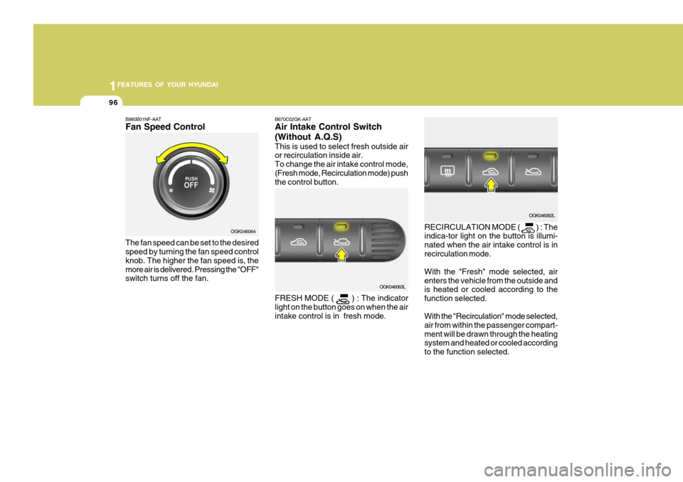 Hyundai Coupe 2006  Owners Manual 1FEATURES OF YOUR HYUNDAI
96
B670C02GK-AAT Air Intake Control Switch (Without A.Q.S) This is used to select fresh outside air or recirculation inside air. To change the air intake control mode,(Fresh 