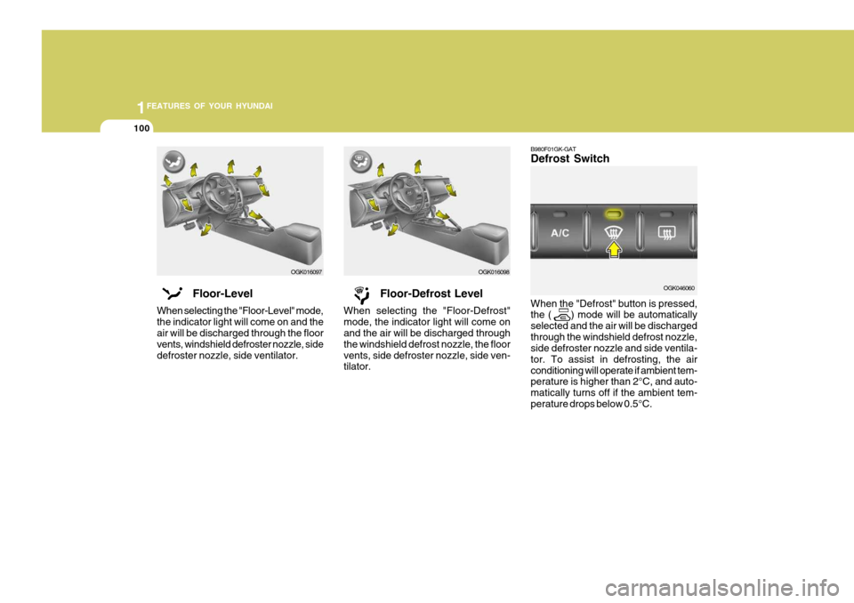 Hyundai Coupe 2006 Owners Manual 1FEATURES OF YOUR HYUNDAI
100
B980F01GK-GAT Defrost Switch When the "Defrost" button is pressed, the ( ) mode will be automatically selected and the air will be dischargedthrough the windshield d Hyundai Coupe 2006 Owners Manual 1FEATURES OF YOUR HYUNDAI
100
B980F01GK-GAT Defrost Switch When the "Defrost" button is pressed, the ( ) mode will be automatically selected and the air will be dischargedthrough the windshield d