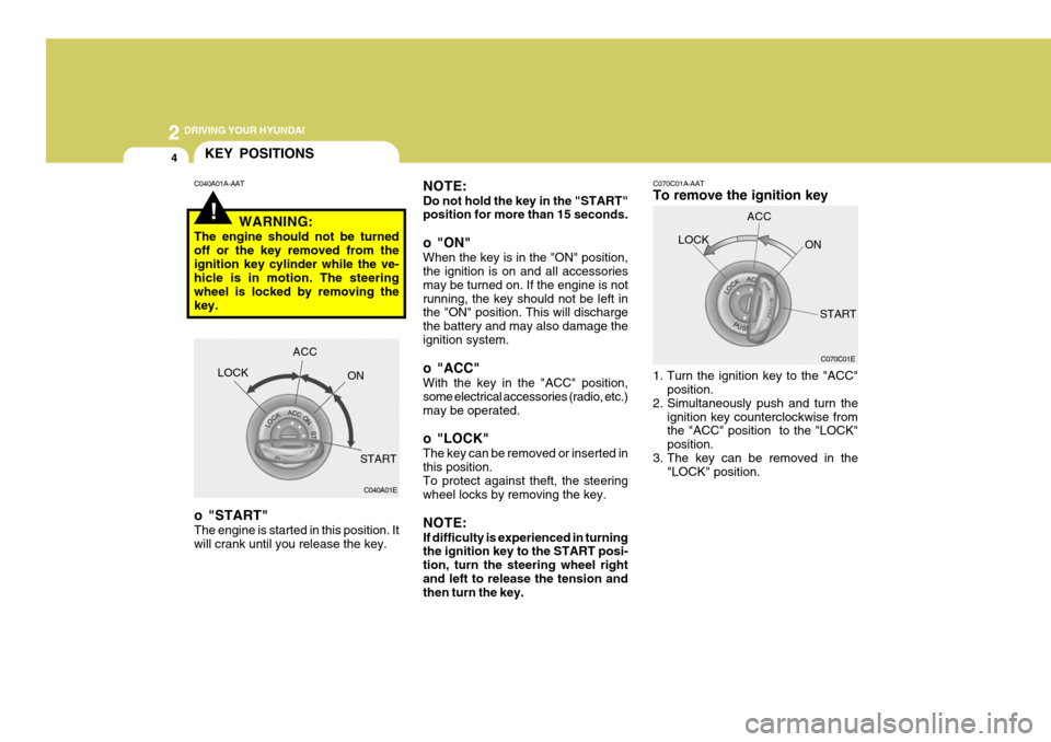 Hyundai Coupe 2006 Owners Manual 2 DRIVING YOUR HYUNDAI
4
NOTE: Do not hold the key in the "START" position for more than 15 seconds.
o "ON" When the key is in the "ON" position, the ignition is on and all accessories may be turned Hyundai Coupe 2006 Owners Manual 2 DRIVING YOUR HYUNDAI
4
NOTE: Do not hold the key in the "START" position for more than 15 seconds.
o "ON" When the key is in the "ON" position, the ignition is on and all accessories may be turned