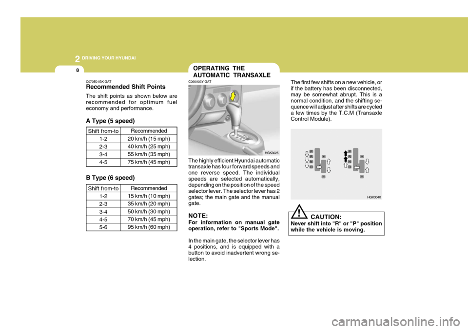 Hyundai Coupe 2006  Owners Manual 2 DRIVING YOUR HYUNDAI
8
!
C070E01GK-GAT Recommended Shift Points The shift points as shown below are recommended for optimum fueleconomy and performance. A Type (5 speed)
Shift from-to 1-2 2-33-4 4-5