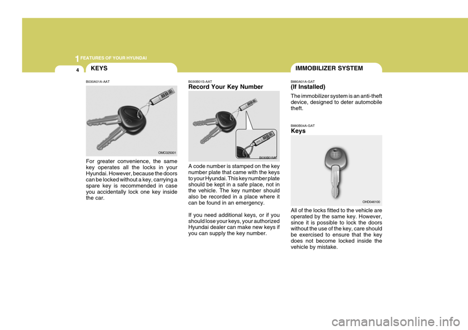 Hyundai Coupe 2006 User Guide 1FEATURES OF YOUR HYUNDAI
4KEYSIMMOBILIZER SYSTEM
B030A01A-AAT For greater convenience, the same key operates all the locks in yourHyundai. However, because the doors can be locked without a key, carr Hyundai Coupe 2006 User Guide 1FEATURES OF YOUR HYUNDAI
4KEYSIMMOBILIZER SYSTEM
B030A01A-AAT For greater convenience, the same key operates all the locks in yourHyundai. However, because the doors can be locked without a key, carr