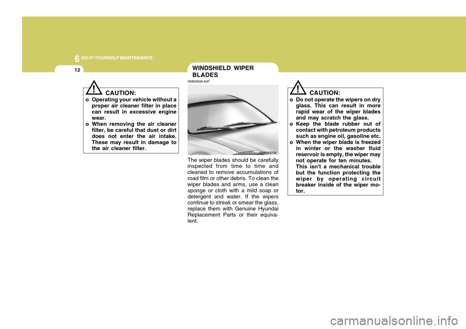 Hyundai Coupe 2006  Owners Manual 6 DO-IT-YOURSELF MAINTENANCE
12
!
CAUTION:
o Operating your vehicle without a proper air cleaner filter in place can result in excessive engine wear.
o When removing the air cleaner filter, be careful