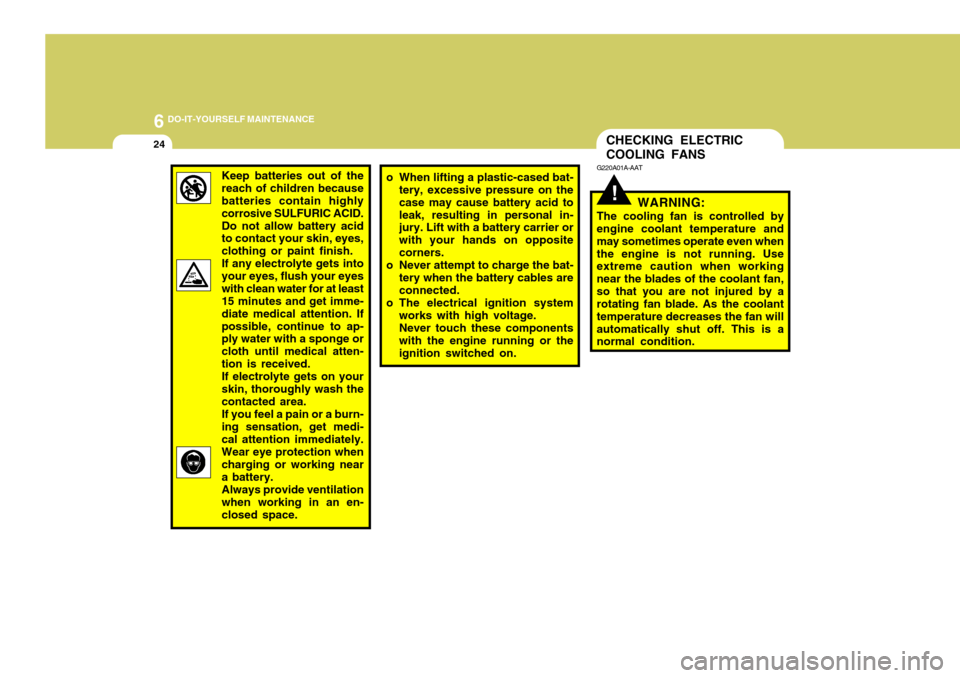 Hyundai Coupe 2006  Owners Manual 6 DO-IT-YOURSELF MAINTENANCE
24
!
CHECKING ELECTRIC COOLING FANS
G220A01A-AAT
WARNING:
The cooling fan is controlled by engine coolant temperature and may sometimes operate even whenthe engine is not 