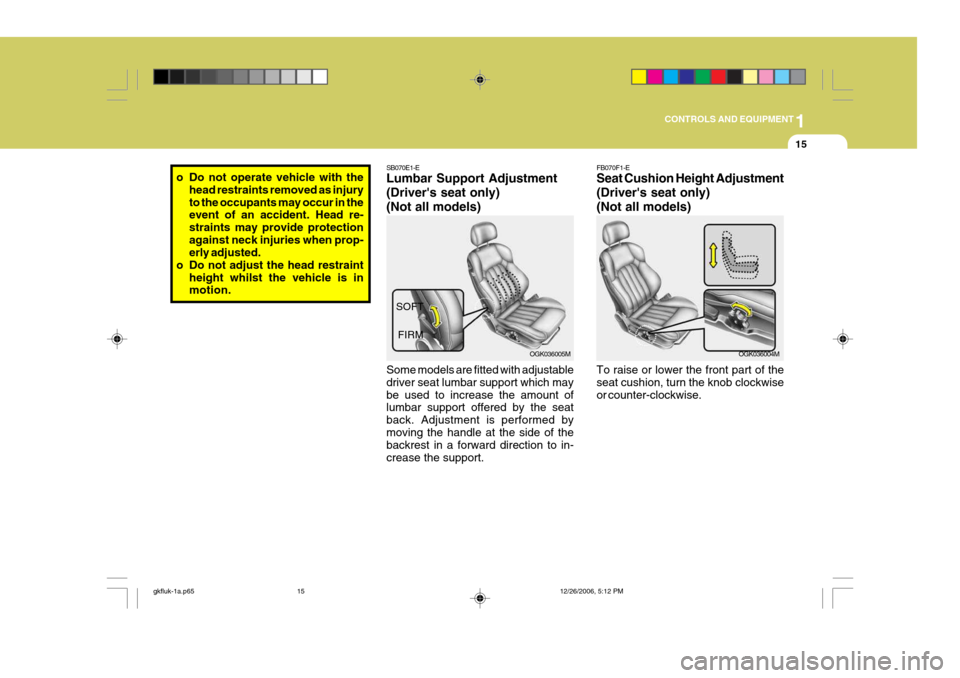 Hyundai Coupe 2006  Owners Manual 1
CONTROLS AND EQUIPMENT
15
SB070E1-E Lumbar Support Adjustment (Drivers seat only)(Not all models) Some models are fitted with adjustable driver seat lumbar support which maybe used to increase the 