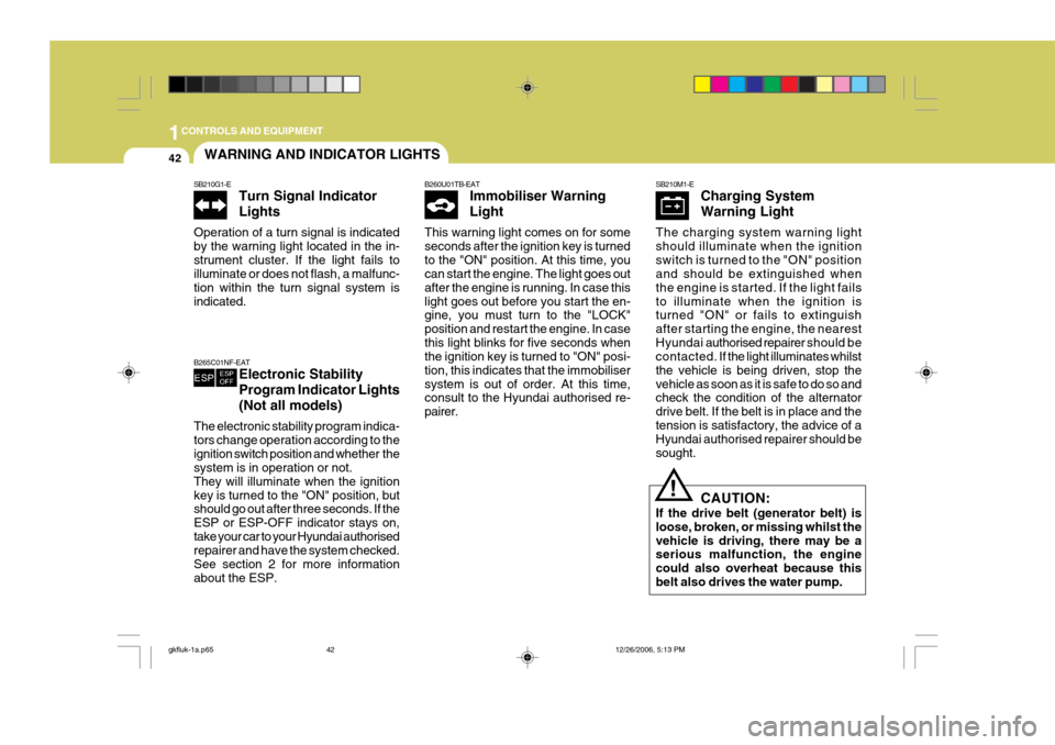 Hyundai Coupe 2006 Repair Manual 1CONTROLS AND EQUIPMENT
42WARNING AND INDICATOR LIGHTS
SB210G1-E Turn Signal Indicator Lights
Operation of a turn signal is indicated by the warning light located in the in-strument cluster. If the li