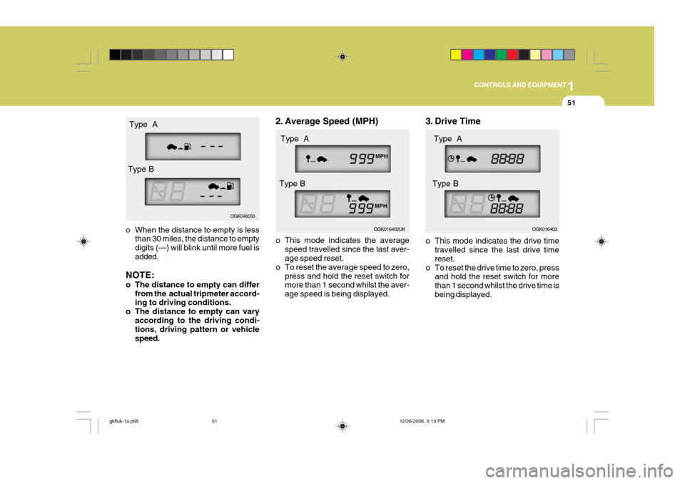 Hyundai Coupe 2006 Owners Manual 1
CONTROLS AND EQUIPMENT
51
o When the distance to empty is less
than 30 miles, the distance to empty digits (---) will blink until more fuel is added.
NOTE:
o The distance to empty can differ from t Hyundai Coupe 2006 Owners Manual 1
CONTROLS AND EQUIPMENT
51
o When the distance to empty is less
than 30 miles, the distance to empty digits (---) will blink until more fuel is added.
NOTE:
o The distance to empty can differ from t