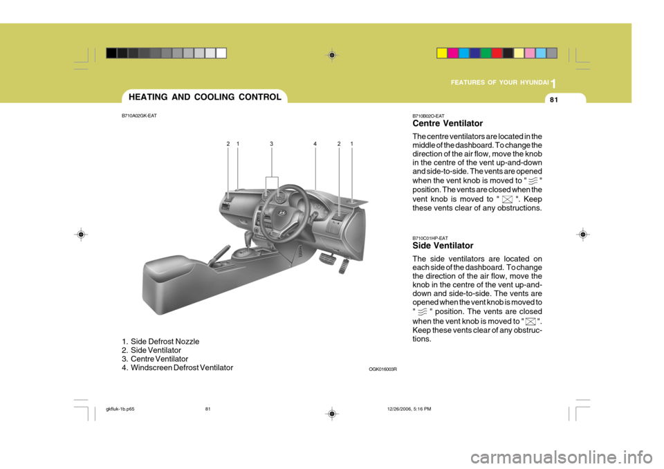 Hyundai Coupe 2006 Owners Manual 1
FEATURES OF YOUR HYUNDAI
81HEATING AND COOLING CONTROL
B710A02GK-EAT
1. Side Defrost Nozzle
2. Side Ventilator
3. Centre Ventilator
4. Windscreen Defrost Ventilator OGK016003R
B710B02O-EAT Centr Hyundai Coupe 2006 Owners Manual 1
FEATURES OF YOUR HYUNDAI
81HEATING AND COOLING CONTROL
B710A02GK-EAT
1. Side Defrost Nozzle
2. Side Ventilator
3. Centre Ventilator
4. Windscreen Defrost Ventilator OGK016003R
B710B02O-EAT Centr