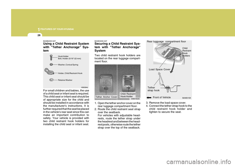 Hyundai Coupe 2006  Owners Manual 1FEATURES OF YOUR HYUNDAI
28
3. Remove the load space cover. 
4. Connect the tether strap hook to the
child restraint hook holder and tighten to secure the seat. B230E01GK
Front of Vehicle
Load Space 