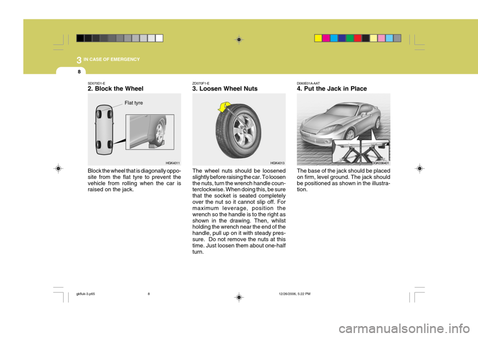 Hyundai Coupe 2006 Owners Manual 3 IN CASE OF EMERGENCY
8
HGK4013OGK036401
ZD070F1-E 3. Loosen Wheel Nuts
The wheel nuts should be loosened slightly before raising the car. To loosenthe nuts, turn the wrench handle coun- terclockwise Hyundai Coupe 2006 Owners Manual 3 IN CASE OF EMERGENCY
8
HGK4013OGK036401
ZD070F1-E 3. Loosen Wheel Nuts
The wheel nuts should be loosened slightly before raising the car. To loosenthe nuts, turn the wrench handle coun- terclockwise