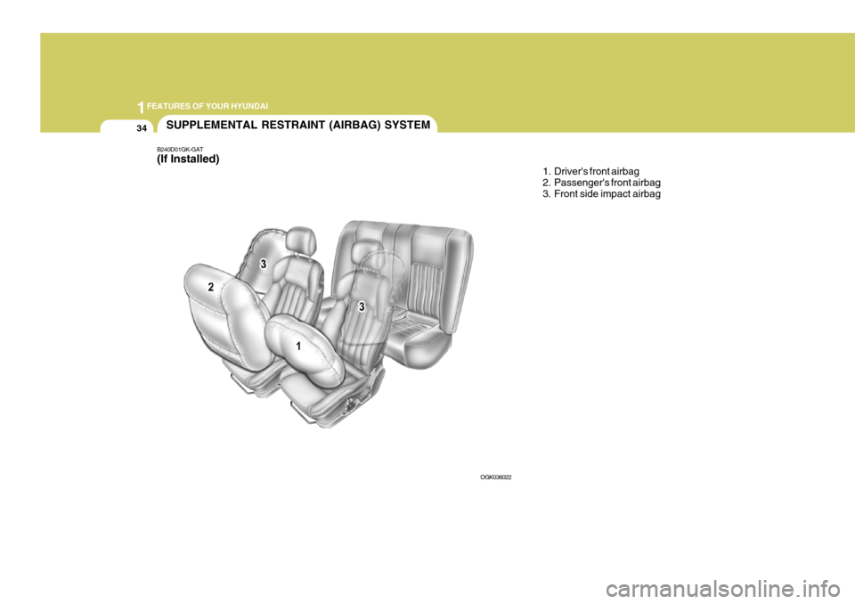 Hyundai Coupe 2006 Service Manual 1FEATURES OF YOUR HYUNDAI
34
B240D01GK-GAT (If Installed)
SUPPLEMENTAL RESTRAINT (AIRBAG) SYSTEM
1. Drivers front airbag
2. Passengers front airbag
3. Front side impact airbag
OGK036022 Hyundai Coupe 2006 Service Manual 1FEATURES OF YOUR HYUNDAI
34
B240D01GK-GAT (If Installed)
SUPPLEMENTAL RESTRAINT (AIRBAG) SYSTEM
1. Drivers front airbag
2. Passengers front airbag
3. Front side impact airbag
OGK036022