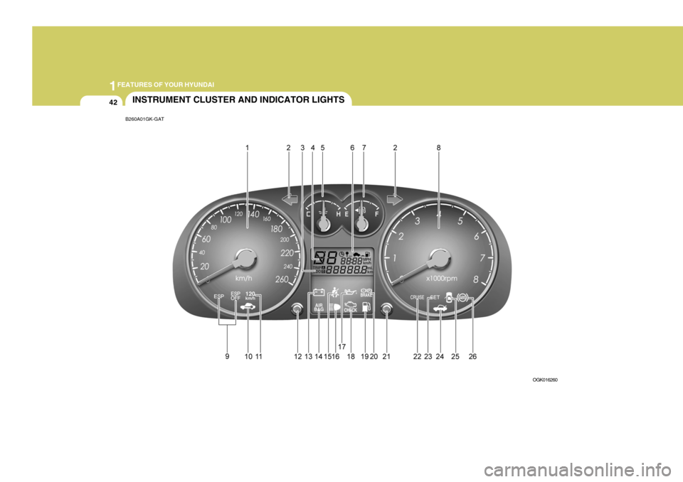Hyundai Coupe 2006 Workshop Manual 1FEATURES OF YOUR HYUNDAI
42INSTRUMENT CLUSTER AND INDICATOR LIGHTS
B260A01GK-GAT
OGK016260 Hyundai Coupe 2006 Workshop Manual 1FEATURES OF YOUR HYUNDAI
42INSTRUMENT CLUSTER AND INDICATOR LIGHTS
B260A01GK-GAT
OGK016260