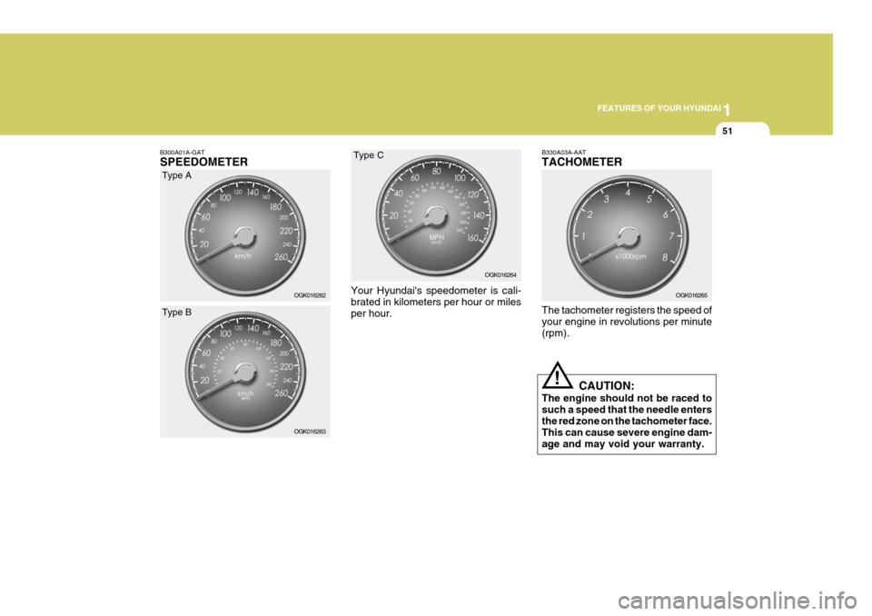 Hyundai Coupe 2006 Repair Manual 1
FEATURES OF YOUR HYUNDAI
51
!
B300A01A-GAT SPEEDOMETER
Your Hyundais speedometer is cali- brated in kilometers per hour or miles per hour.B330A03A-AAT TACHOMETER The tachometer registers the speed Hyundai Coupe 2006 Repair Manual 1
FEATURES OF YOUR HYUNDAI
51
!
B300A01A-GAT SPEEDOMETER
Your Hyundais speedometer is cali- brated in kilometers per hour or miles per hour.B330A03A-AAT TACHOMETER The tachometer registers the speed