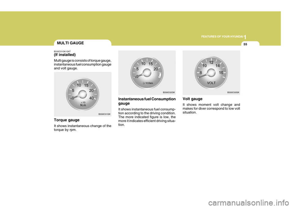 Hyundai Coupe 2006 Repair Manual 1
FEATURES OF YOUR HYUNDAI
55MULTI GAUGE
B330C01GK-GAT (If installed) Multi gauge is consists of torque gauge, instantaneous fuel consumption gaugeand volt gauge.
Instantaneous fuel Consumption gauge Hyundai Coupe 2006 Repair Manual 1
FEATURES OF YOUR HYUNDAI
55MULTI GAUGE
B330C01GK-GAT (If installed) Multi gauge is consists of torque gauge, instantaneous fuel consumption gaugeand volt gauge.
Instantaneous fuel Consumption gauge